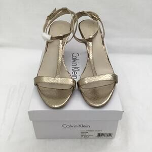 CALVIN KLEIN Lola T Strap Open Heels Gold Metallic Snake Shiny Sz 7.5